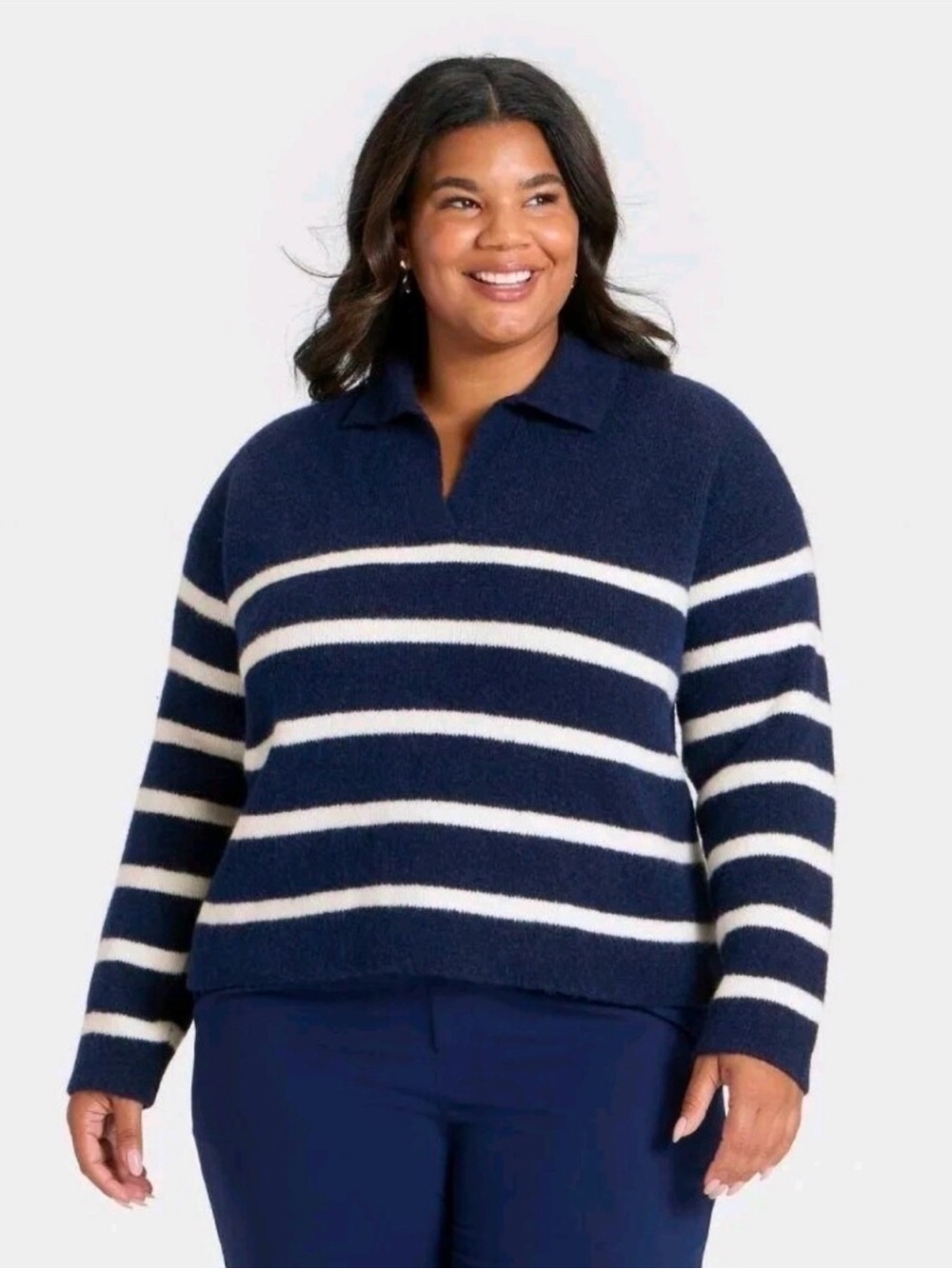 A New Day Women's Cozy Knit Polo Sweater - A New Day Navy Striped XXL